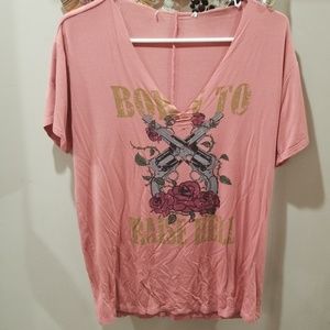 V cut rose colored shirt